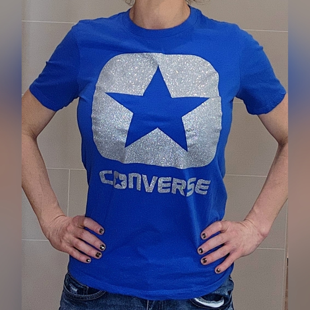 XS Converse Blue and Silver Logo Glitter Classic Fit T-Shirt short-sleeve